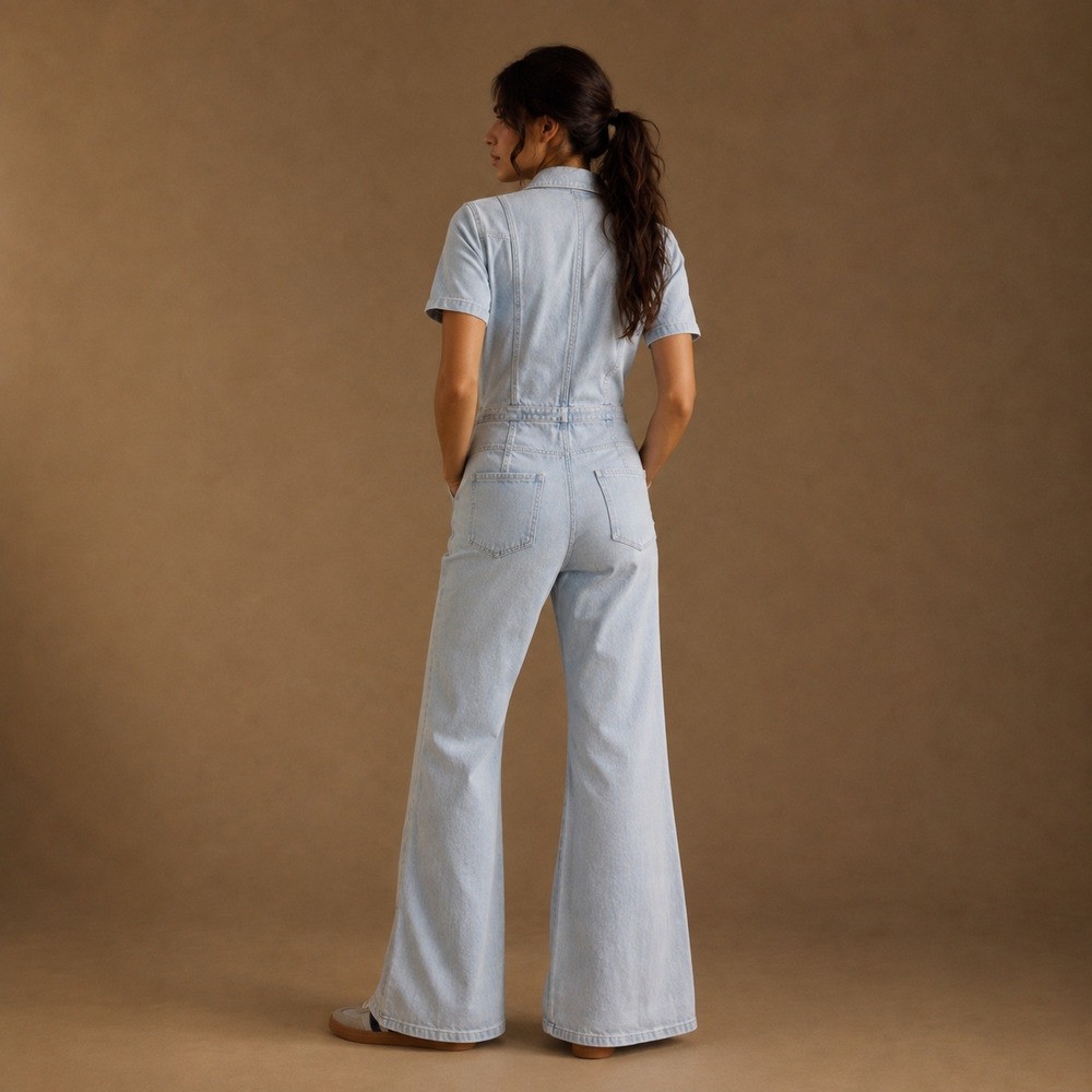 Free People Jayde Flare Stretch Denim Jumpsuit Light Wash Sz XL - Picture 2 of 14